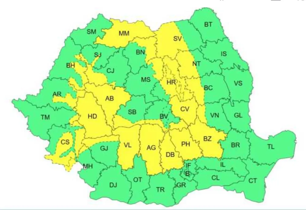 ANM: Atenționări Cod galben de vreme instabilă în aproape jumătate din țară, miercuri și joi